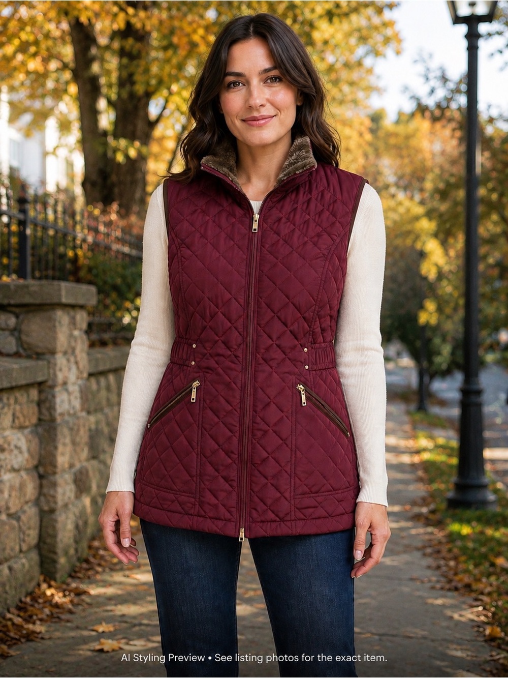 Weatherproof Women’s L Burgundy Quilted Faux Fur Lined Long Vest